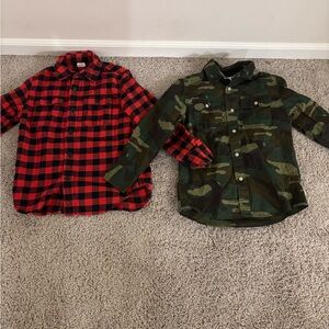 Two J Crew crewcuts button up shirts, one camo and one buffalo check flannel